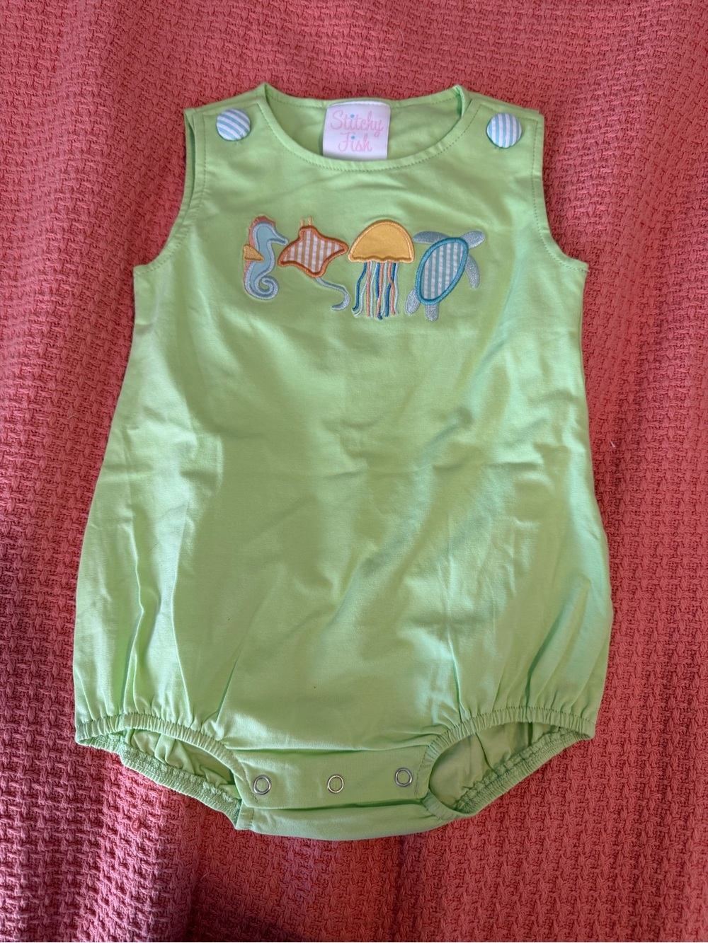 Stitchy Fish smocked bubble romper mint green with sea creatures. NWOT